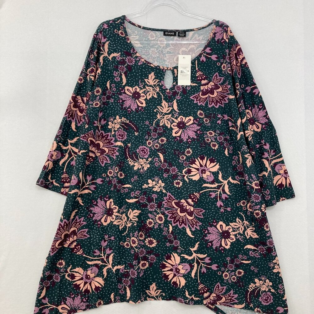 New EVANS size 22/24 Multi Color Floral Stretch 3/4‎ Sleeve Keyhole Swing Tunic